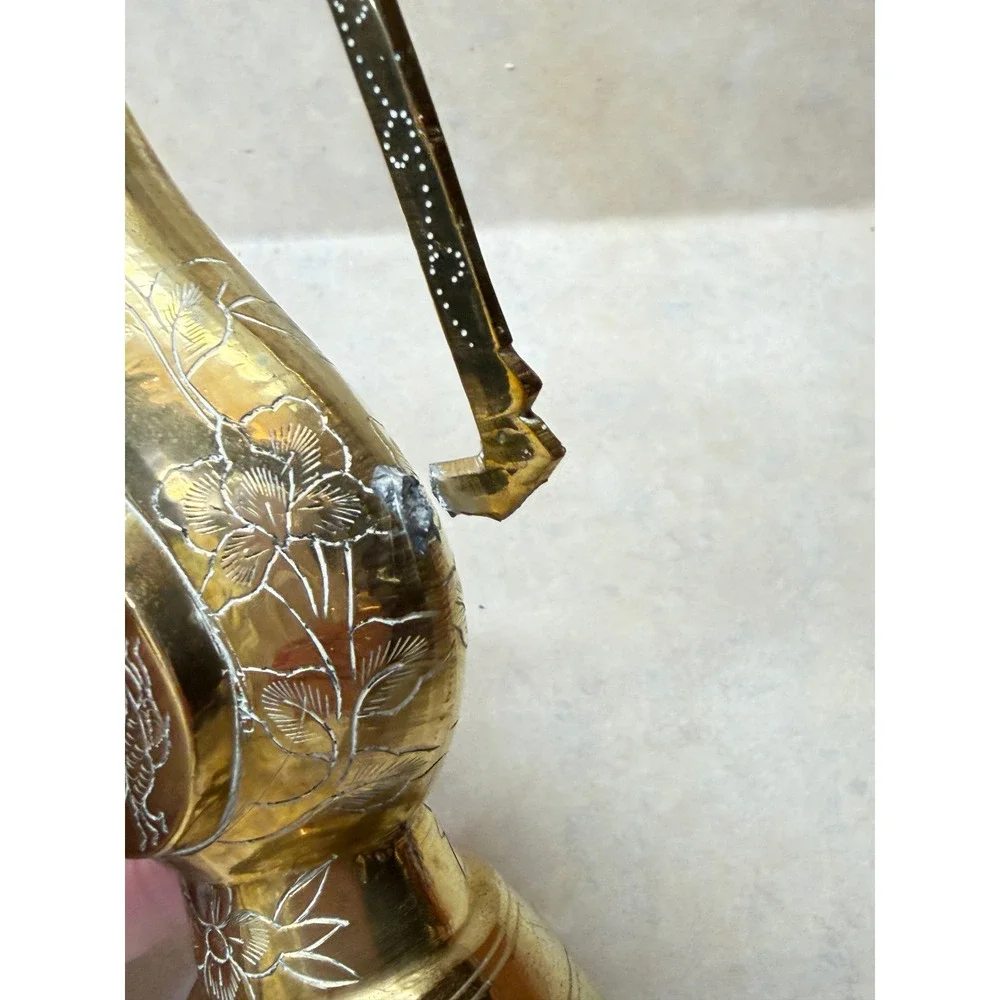 Vintage Etched Brass Ewer Pitcher Dragon Floral Design Decorative Accent FLAW 7" - Picture 4 of 12